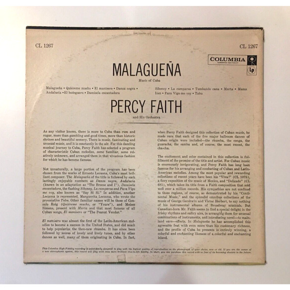 Percy Faith And His Orchestra: Malaguena Music Of Cuba LP Vinyl Columbia CL 1267 - Picture 2 of 6